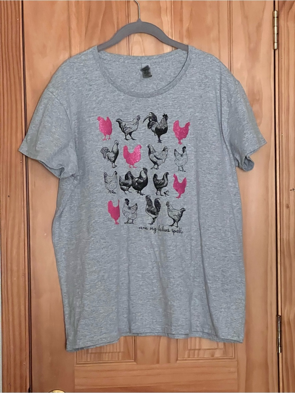 Gildan Gray Tee with Pink & Black Chicken Print